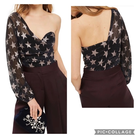 TOPSHOP One Shoulder Bodysuit Sparkle Mesh Stars